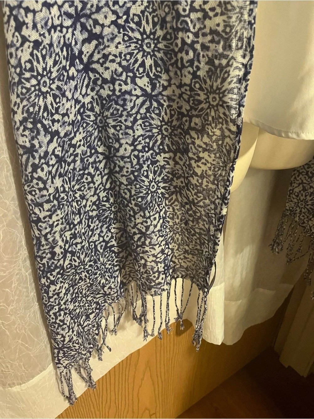 Lands' End Navy and White Floral-Print Scarf with Fringe